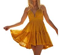 VERGOODR Damen Sommer Boho Bohemian Tiefer V-Ausschnitt Sexy Patchwork Mini Kurz Rückenfrei Strandkleid, gelb, Mittel