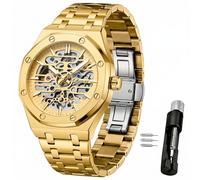 Verhux Automatikuhren für Herren, goldfarben, Skelett, luxuriös, mechanisch, klassisch, original, Edelstahl, wasserdicht, schwarz, silberfarben, 8848 Gold Uhren für Herren, Modern