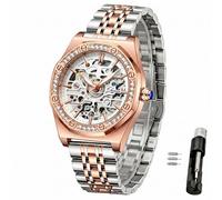 Verhux Elegante automatische Skelett-Damenuhren, zweifarbig, Roségold und Silber, Edelstahl, wasserdicht, Luminos, Damen-Armbanduhren, L8848 Laides Uhren