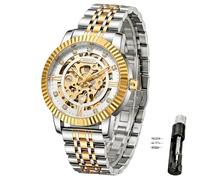 Verhux Skeleton Gold Uhren für Herren Automatische Luxus Diamant Akzentuierte Mechanische Armbanduhren Business Edelstahl Wasserdicht Charmante Uhren, 8840 zweifarbige Herrenuhren mit silbernem