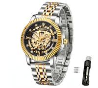 Verhux Skeleton Gold Uhren für Herren Automatische Luxus Diamant Akzentuierte Mechanische Armbanduhren Business Edelstahl Wasserdicht Charmante Uhren, 8840 zweifarbige Herrenuhren mit schwarzem