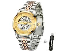 Verhux Skeleton Gold Uhren für Herren Automatische Luxus Diamant Akzentuierte Mechanische Armbanduhren Business Edelstahl Wasserdicht Charmante Uhren, 8802 Silber und Gold Uhren mit goldenem