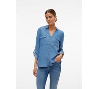 Hemdbluse VERO MODA "VMBREE 7/8 SLEEVE LOOSE TENCEL SHIRT GA", Damen, Gr. XS, blau (medium blau denim), Obermaterial: 100% Lyocell, unifarben, loose fit hüftbedeckend, V-Ausschnitt, Krempelärmel abges