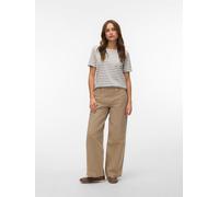 Rundhalsshirt VERO MODA "VMABBY SS ZIP TOP JRS NOOS", Damen, Gr. XS, snow weiß stripes:moon rock, Jersey, Obermaterial: 77% Polyester, 19% Viskose, 4% Elasthan, gestreift, normal, Rundhals, Shirts Run