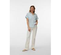 Kurzarmbluse VERO MODA "VMBUMPY S/S SHIRT WVN GA NOOS", Damen, Gr. XS, blau (snow weiß stripes:gray mist), Web, Obermaterial: 100% Viskose, gestreift, regular fit normal, V-Ausschnitt, mit Aufschlag,