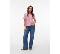 Rundhalsshirt VERO MODA "VMABBY SS ZIP TOP JRS NOOS", Damen, Gr. XS, snow weiß stripes:jazzy, Jersey, Obermaterial: 77% Polyester, 19% Viskose, 4% Elasthan, gestreift, normal, Rundhals, Shirts Rundhal