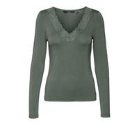 VERO MODA Damen Bluse Slim Fit V-Ausschnitt Spitzen-Detail Basic Langarm