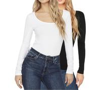 VERO MODA Damen Langarmshirt figurbetont, tiefer U-Neck Rundhalsausschnitt, Longsleeve im Multi-Set (S, White+Black 809)