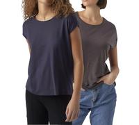 VERO MODA Damen T-Shirt, Kurzarm-Top, Regular-Fit, 2er-Multi-Set (Plain 1xAsphalt+1xNightSky, L)