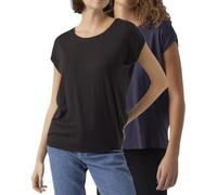 VERO MODA Damen T-Shirt, Kurzarm-Top, Regular-Fit, 2er-Multi-Set (Plain 1xNightSky+Black, XXL)
