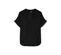 VERO MODA Damen Top Casual Splitneck umgeschlagene Ärmelbündchen Bluse Kurzarm, Farben:Schwarz, Größe:S