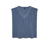 Spitzentop VERO MODA "VMSAFA SL V-NECK LACE TOP WVN GA NOOS", Damen, Gr. L, blau (china blau), Web, Obermaterial: 85% Viskose, 15% Nylon, unifarben, loose fit taillenbedeckt, V-Ausschnitt, Tops (78184