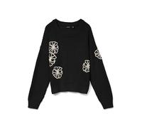 Rundhalspullover VERO MODA "VMLAURA LS O-NECK PULLOVER BOO", Damen, Gr. S, schwarz (schwarz detail:with birch), Strick, Rippstrick, Obermaterial: 60% Baumwolle, 40% Polyacryl, gemustert, modisch, regu