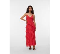 Trägerkleid VERO MODA "VMSMILLA S/L V-NECK LONG FRILL DRESS WVN", Damen, Gr. M, N-Gr, poinsettia, Web, Obermaterial: 100% Polyester, unifarben, lang, V-Ausschnitt, Kleider Trägerkleid, Kunstfaser (811