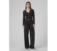 VERO MODA Damen Bluse Slim Fit V-Ausschnitt Spitzen-Detail Basic Langarm, Farben:Schwarz, Größe:M