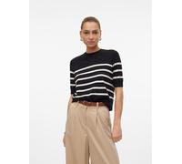 Kurzarmpullover VERO MODA "VMSABA PLAIN, Feinstrickpullover", Damen, Gr. S, schwarz (schwarz stripes:w birch), Feinstrick, Obermaterial: 50% Viskose, 28% Polyester, 22% Nylon, gestreift, regular fit n