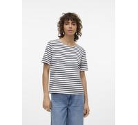 VERO MODA Damen Gestreiftes Top Rundhals Shirt mit Zip-Fly Design Stretch T-Shirt Oberteil, Farben:Navy, Größe:XS