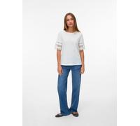 T-Shirt VERO MODA "VMIVACY 2/4 O-NECK TOP JRS BTQ", Damen, Gr. S, snow weiß detail:snow weiß lace, Jersey, Obermaterial: 100% Baumwolle, unifarben, normal normal, Rundhals, Shirts T-Shirt, mit Lochsti