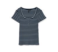 T-Shirt VERO MODA "VMSEA SS HENLEY TOP JRS", Damen, Gr. M (38), blau (navy blazer stripes:snow weiß), Jersey, Obermaterial: 93% Baumwolle, 7% Elasthan, gestreift, modisch, regular fit normal, U-Boot-A