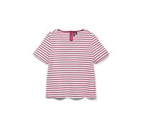 Rundhalsshirt VERO MODA "VMABBY SS ZIP TOP JRS NOOS", Damen, Gr. XS, snow weiß stripes:jazzy, Jersey, Obermaterial: 77% Polyester, 19% Viskose, 4% Elasthan, gestreift, normal, Rundhals, Shirts Rundhal