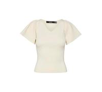VERO MODA Damen Geripptes Rüschen T-Shirt Kurzarm V-Neck Top Strick Stretch Shirt Puffer Ärmel VMGINNY, Farben:Beige, Größe:XL