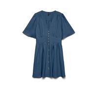 Minikleid VERO MODA "VMMELANEY 2/4 SHORT DRESS WVN NOOS", Damen, Gr. XS, N-Gr, blau (schwarz denim detail:melange), Web, Obermaterial: 100% Polyester, meliert, kurz, V-Ausschnitt, Kleider Minikleid, S