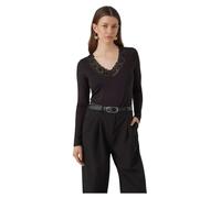 VERO MODA Damen Bluse Slim Fit V-Ausschnitt Spitzen-Detail Basic Langarm, Farben:Schwarz, Größe:M