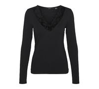 VERO MODA Damen Bluse Slim Fit V-Ausschnitt Spitzen-Detail Basic Langarm, Farben:Schwarz, Größe:S