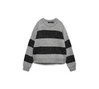 Strickpullover VERO MODA "VMSPARKLE LS O-NECK PULLOVER", Damen, Gr. S, medium grau melange detail:with schwarz stripe, silber sequins, Strick, Obermaterial: 67% Polyester, 33% Polyacryl, Glitzerstreif