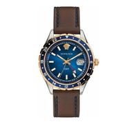 Versace Hellenyium GMT Herrenuhr Braun Leder Gold Silber Edelstahlgehäuse Blaues Zifferblatt 42mm V11080017