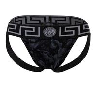 VERSACE Herren Jockstrap - Jocks, Tanga Slip, Stretch Cotton, Barocco Muster Schwarz/Grau 3XL