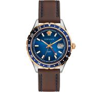 Versace Hellenyium GMT Herrenuhr Braun Leder Gold Silber Edelstahlgehäuse Blaues Zifferblatt 42mm V11080017