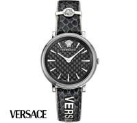 Versace VE8100919 V-Circle Lady silber grau schwarz Leder Armband Uhr Damen NEU