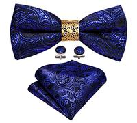 Verstellbare Fliege mit goldenem Ring für Herren, Seide, massiv, blau, für Herren, Schmetterlings-Set, Einstecktuch, Manschettenknöpfe, Hochzeit (Farbe: A, Größe, Einheitsgröße) (a