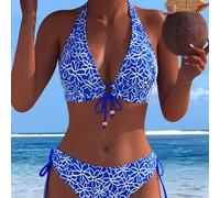 Verstellbarer Schwarz & Weiß Blumenmuster 2-teiliger Bikini mit hoher Taille, Damen Strandurlaub Badeanzug Set Urlaub Sommer