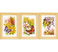 Vervaco Gezählter Kreuzstich Stickpackungen DIY Stickbilder Blumen & Schmetterlinge 3er Wanddekoration Handarbeit Set für Erwachsene Zählmusterpackung ca. 8 x 12 cm Kreuzstichbilder Set Hausdeko