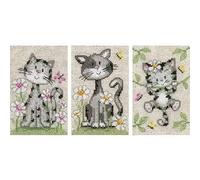 Vervaco Kreuzstich-Set Katzen mit Blumen – 3er Handarbeits-Set Wanddekoration, ca. 8×12 cm
