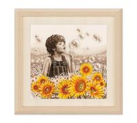 Vervaco Gezählter Kreuzstich Stickpackungen DIY Stickbilder Kleiner Junge mit Sonnenblumen Wanddekoration Handarbeit Set für Erwachsene Kreatives Handwerk ca. 33 x 33 cm Kreuzstichbilder Set Hausdeko