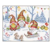 Vervaco Gezählter Kreuzstich Stickpackungen DIY Stickbilder Party mit Weihnachtsgnom Wanddekoration Handarbeit Set für Erwachsene Kreatives Handwerk ca. 29 x 21 cm Kreuzstichbilder Set Hausdeko