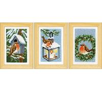 Vervaco Kreuzstich-Set Rotkehlchen im Winter – 3er-Set gezählte Stickpackungen 8×12 cm
