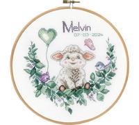 Vervaco Gezählter Kreuzstich Stickpackungen mit Stickrahmen Stickset Baby Geburt Schafe Wanddekoration Handarbeit Set für Erwachsene Kreatives Handwerk ca. 20 x 20 cm Geburt Geschenk Hausdeko