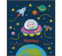 Vervaco Gezählter Kreuzstich Stickpackungen Stickset Baby Geburt Baby Astronaut Wanddekoration Handarbeit Set für Erwachsene Kreatives Handwerk ca. 23 x 26 cm Geburt Geschenk Hausdeko