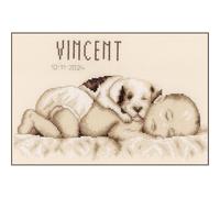 Vervaco Gezählter Kreuzstich Stickpackungen Stickset Baby Geburt Baby und Hund Wanddekoration Handarbeit Set für Erwachsene Kreatives Handwerk ca. 26 x 20 cm Geburt Geschenk Hausdeko