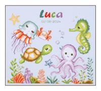 Vervaco Gezählter Kreuzstich Stickpackungen Stickset Baby Geburt Meerestiere Wanddekoration Handarbeit Set für Erwachsene Kreatives Handwerk ca. 32 x 28 cm Geburt Geschenk Hausdeko