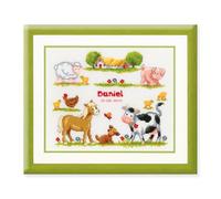 Vervaco Gezählter Kreuzstich Stickpackungen Stickset Baby Geburt Nutztiere Wanddekoration Handarbeit Set für Erwachsene Kreatives Handwerk ca. 27 x 23 cm Geburt Geschenk Hausdeko