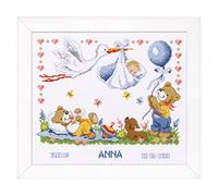 Vervaco Gezählter Kreuzstich Stickpackungen Stickset Baby Geburt Storch Wanddekoration Handarbeit Set für Erwachsene Kreatives Handwerk ca. 28 x 24 cm Geburt Geschenk Hausdeko