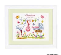 Vervaco Gezähltes Kreuzstich-Stickset Baby Geburt Storch – Handarbeit ca. 28 x 23 cm