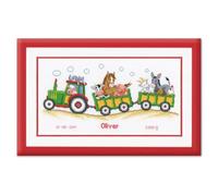 VERVACO Gezählter Kreuzstich Stickpackungen Stickset Baby Geburt Traktor mit Tieren Wanddekoration Handarbeit Set für Erwachsene Kreatives Handwerk ca. 36 x 19 cm Geburt Geschenk Hausdeko