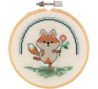 Vervaco Kreuzstich Stickpackung mit Stickrahmen Akita mit Blumen, Zählmuster, 10x10cm