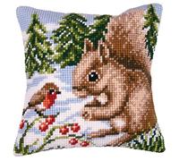 Vervaco Kreuzstich Stickpackungen Kissen Front zum Selbersticken mit Stickbild auf 100% Baumwoll Stoff und Stickgarn, Stickvorlagen 40 x 40 cm mit Anleitung, Eichhörnchen